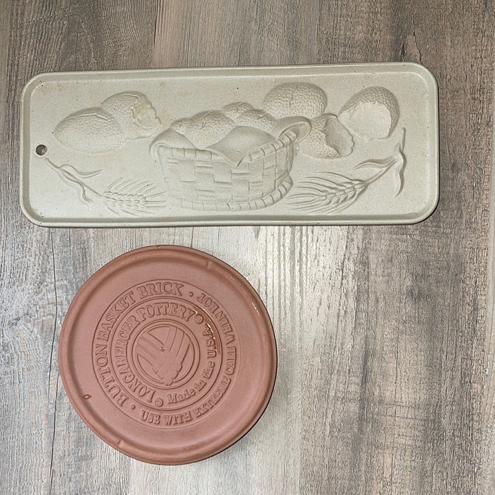 Longaberger Pottery Button Basket Brick And Stomeware bread warmers.